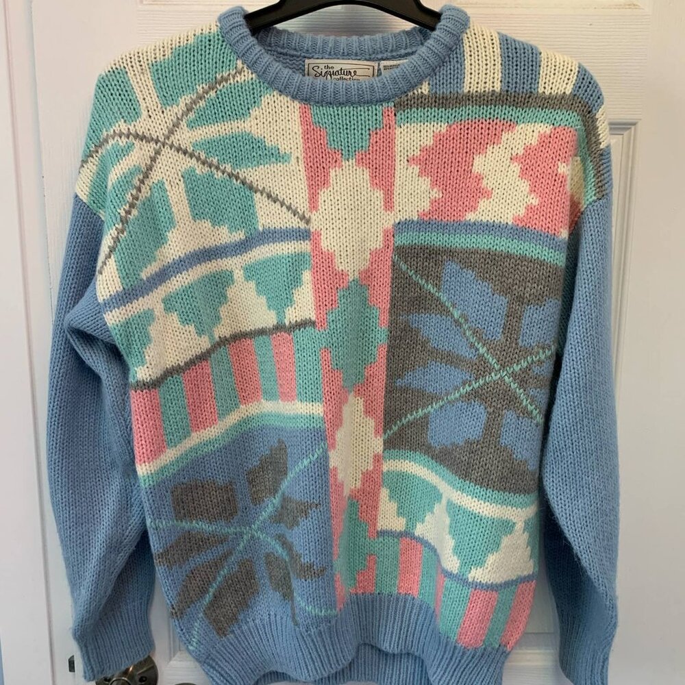 Vintage Colorful Pattern Knitted Crew/Pullover Sweater - Sz.M